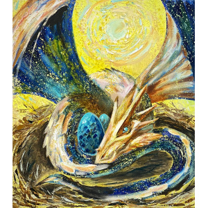 Hand-painted oil painting of a mother dragon guarding her egg, set against a golden celestial background. A mythical fantasy artwork in impressionist and abstract realism style.