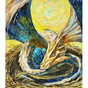 Hand-painted oil painting of a mother dragon guarding her egg, set against a golden celestial background. A mythical fantasy artwork in impressionist and abstract realism style.