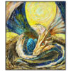 Hand-painted oil painting of a mother dragon guarding her egg, set against a golden celestial background. A mythical fantasy artwork in impressionist and abstract realism style.