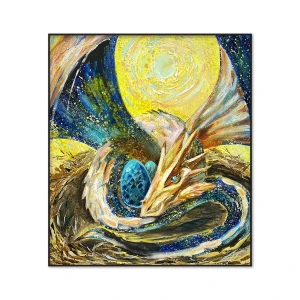 Hand-painted oil painting of a mother dragon guarding her egg, set against a golden celestial background. A mythical fantasy artwork in impressionist and abstract realism style.