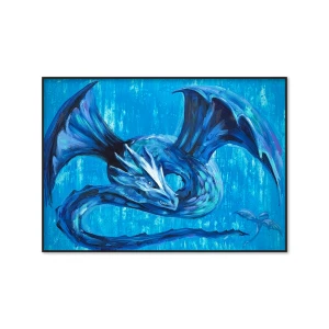 Hand-painted oil painting of a blue dragon in an impressionist style on stretched canvas. A dynamic fantasy dragon artwork with rich blue tones.