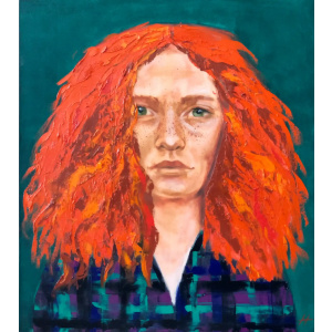 Portrait of a red-haired Irish woman, painted by Nekol, from the Women of the World art collection, oil painting style, vibrant colors, textured brushwork, feminine beauty, original artwork