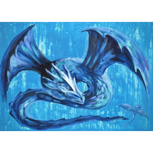 Hand-painted oil painting of a blue dragon in an impressionist style on stretched canvas. A dynamic fantasy dragon artwork with rich blue tones.
