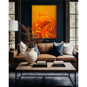 Vibrant oil painting of a dragon rising from ashes, symbolizing rebirth and strength in Chinese astrology. Hand-painted by artist Nekol on stretched canvas.