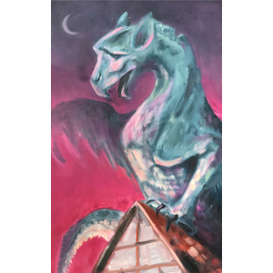 Twilight Sentinel - Hand-painted oil painting on stretched canvas featuring a majestic dragon and gothic gargoyle-inspired artwork, perfect for dragon zodiac and mythical art lovers.