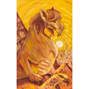 Oil painting on stretched canvas titled "Sunrise" by artist Nekol. A golden-hued dragon perches on a rooftop at sunrise, overlooking a medieval cityscape, blending elements of Art Nouveau and Impressionist styles.