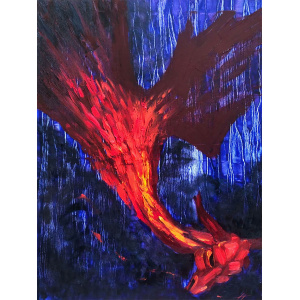 Fiery dragon painting featuring a majestic fire dragon in bold red and orange tones against a dark blue background. A symbolic oil painting on canvas, inspired by dragon astrology and the dragon zodiac.