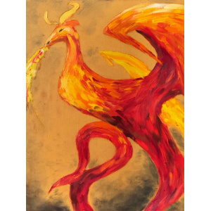 Oil painting of a red and gold dragon in expressionist style on a stretched canvas, inspired by Eastern European folklore.