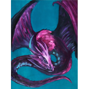 Majestic purple and red dragon oil painting set against a striking turquoise background. A stunning piece of fantasy dragon art inspired by zodiac astrology, dragon mythology.