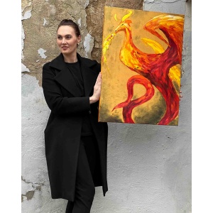 Artist NEKOL with an oil painting depicting a red and gold dragon in expressionist style on stretched canvas, inspired by Eastern European folklore.