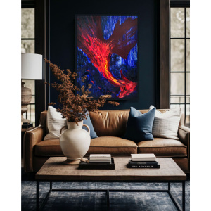 Fiery dragon painting featuring a majestic fire dragon in bold red and orange tones against a dark blue background. A symbolic oil painting on canvas, inspired by dragon astrology and the dragon zodiac.