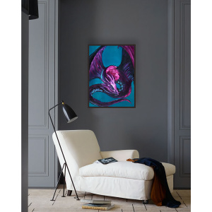 Majestic purple and red dragon oil painting set against a striking turquoise background. A stunning piece of fantasy dragon art inspired by zodiac astrology, dragon mythology.