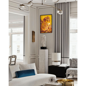 Oil painting on stretched canvas titled "Sunrise" by artist Nekol. A golden-hued dragon perches on a rooftop at sunrise, overlooking a medieval cityscape, blending elements of Art Nouveau and Impressionist styles.