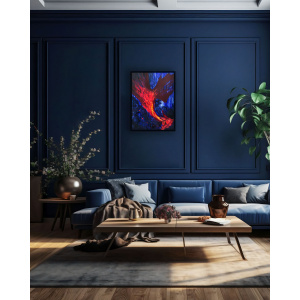 Fiery dragon painting featuring a majestic fire dragon in bold red and orange tones against a dark blue background. A symbolic oil painting on canvas, inspired by dragon astrology and the dragon zodiac.