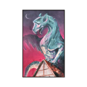 Twilight Sentinel - Hand-painted oil painting on stretched canvas featuring a majestic dragon and gothic gargoyle-inspired artwork, perfect for dragon zodiac and mythical art lovers.