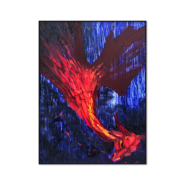 Fiery dragon painting featuring a majestic fire dragon in bold red and orange tones against a dark blue background. A symbolic oil painting on canvas, inspired by dragon astrology and the dragon zodiac.
