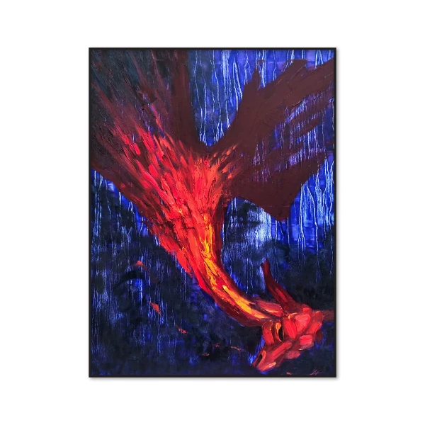 Fiery dragon painting featuring a majestic fire dragon in bold red and orange tones against a dark blue background. A symbolic oil painting on canvas, inspired by dragon astrology and the dragon zodiac.