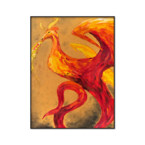 Oil painting of a red and gold dragon in expressionist style on a stretched canvas, inspired by Eastern European folklore.