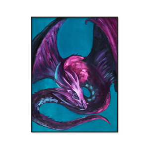 Majestic purple and red dragon oil painting set against a striking turquoise background. A stunning piece of fantasy dragon art inspired by zodiac astrology, dragon mythology.