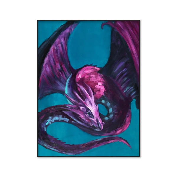 Majestic purple and red dragon oil painting set against a striking turquoise background. A stunning piece of fantasy dragon art inspired by zodiac astrology, dragon mythology.