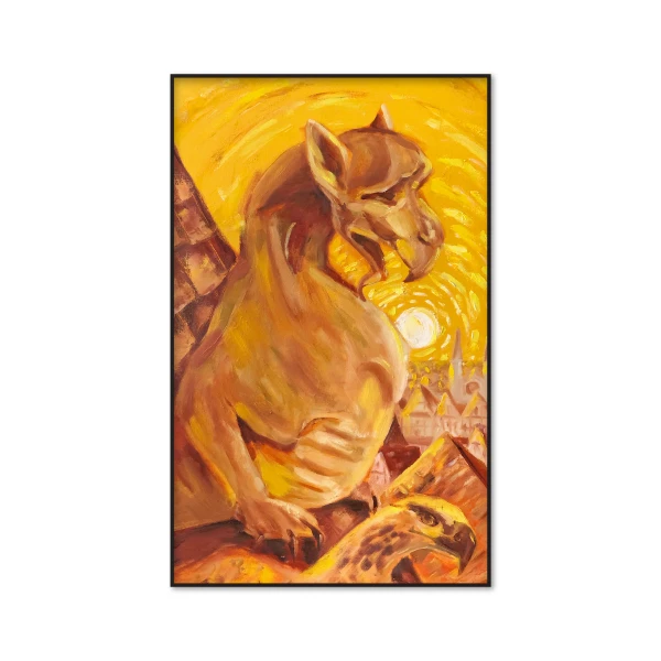 Oil painting on stretched canvas titled "Sunrise" by artist Nekol. A golden-hued dragon perches on a rooftop at sunrise, overlooking a medieval cityscape, blending elements of Art Nouveau and Impressionist styles.