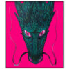Oil painting on stretched canvas by artist Nekol featuring a textured green dragon head with piercing pink eyes against a vibrant magenta background.