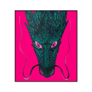 Oil painting on stretched canvas by artist Nekol featuring a textured green dragon head with piercing pink eyes against a vibrant magenta background.