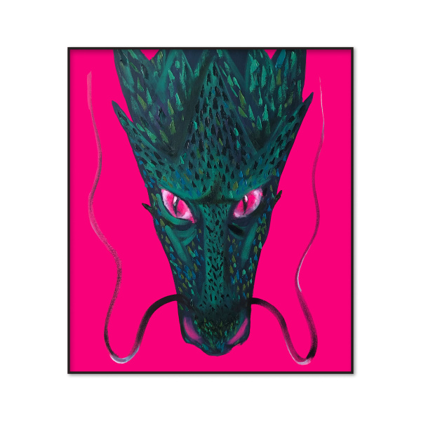 Oil painting on stretched canvas by artist Nekol featuring a textured green dragon head with piercing pink eyes against a vibrant magenta background.