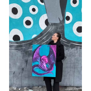 Majestic purple and red dragon oil painting set against a striking turquoise background. A stunning piece of fantasy dragon art inspired by zodiac astrology, dragon mythology.