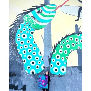 Majestic purple and red dragon oil painting set against a striking turquoise background. A stunning piece of fantasy dragon art inspired by zodiac astrology, dragon mythology.