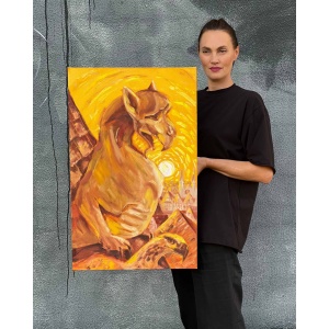 Oil painting on stretched canvas titled "Sunrise" by artist Nekol. A golden-hued dragon perches on a rooftop at sunrise, overlooking a medieval cityscape, blending elements of Art Nouveau and Impressionist styles.