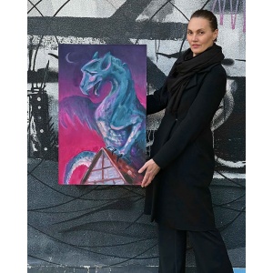 Twilight Sentinel - Hand-painted oil painting on stretched canvas featuring a majestic dragon and gothic gargoyle-inspired artwork, perfect for dragon zodiac and mythical art lovers.