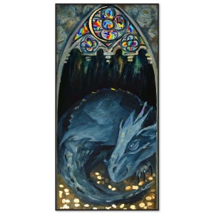 A majestic sleeping dragon oil painting resting on a bed of gold coins, illuminated by a gothic stained-glass window. A mystical fantasy artwork in impressionist and art nouveau style.