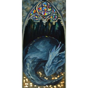 A majestic sleeping dragon oil painting resting on a bed of gold coins, illuminated by a gothic stained-glass window. A mystical fantasy artwork in impressionist and art nouveau style.