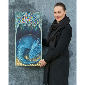 A majestic sleeping dragon oil painting resting on a bed of gold coins, illuminated by a gothic stained-glass window. A mystical fantasy artwork in impressionist and art nouveau style.