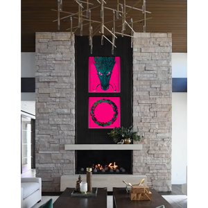 Original abstract oil painting on canvas by artist Nekol, featuring a textured circular form in green and black against a bold magenta background.