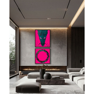 Original abstract oil painting on canvas by artist Nekol, featuring a textured circular form in green and black against a bold magenta background.