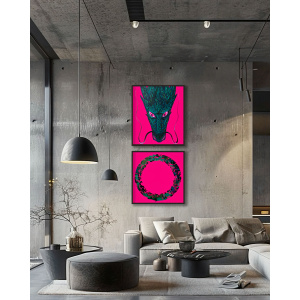 Original abstract oil painting on canvas by artist Nekol, featuring a textured circular form in green and black against a bold magenta background.