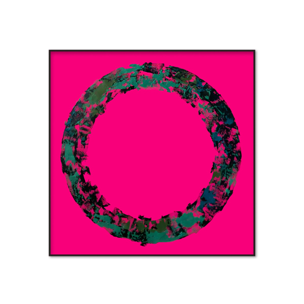 Original abstract oil painting on canvas by artist Nekol, featuring a textured circular form in green and black against a bold magenta background.