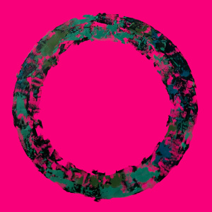 Original abstract oil painting on canvas by artist Nekol, featuring a textured circular form in green and black against a bold magenta background.