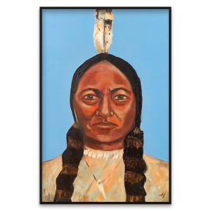 Oil painting of a Native American man with braids and feather headdress, wearing traditional attire against a blue background.