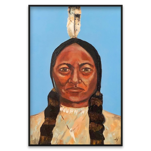 Oil painting of a Native American man with braids and feather headdress, wearing traditional attire against a blue background.