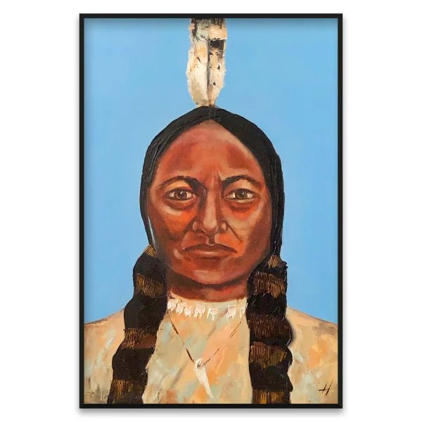 Oil painting of a Native American man with braids and feather headdress, wearing traditional attire against a blue background.