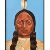Oil painting of a Native American man with braids and feather headdress, wearing traditional attire against a blue background.