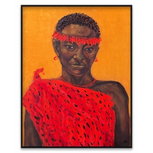 Preview Portrait of a person in red traditional clothing with headband and necklace, painted in expressive style on canvas.