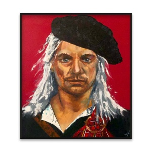 Preview oil painting 'Honour' by Nekol (Olga Nekrasova): portrait of a man with long white hair, black beret, and tartan clothing on a red background.
