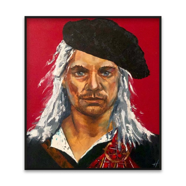 Preview oil painting 'Honour' by Nekol (Olga Nekrasova): portrait of a man with long white hair, black beret, and tartan clothing on a red background.