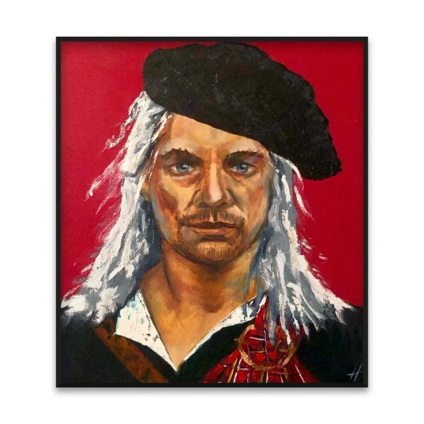 Preview oil painting 'Honour' by Nekol (Olga Nekrasova): portrait of a man with long white hair, black beret, and tartan clothing on a red background.