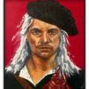 Preview oil painting 'Honour' by Nekol (Olga Nekrasova): portrait of a man with long white hair, black beret, and tartan clothing on a red background.