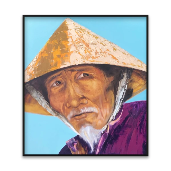 Oil painting of an elderly man in traditional East Asian attire: a conical hat and purple garment, against a blue background; By artist Olga Nekrasova
